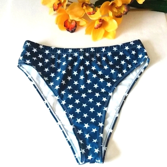 BLUE WHITE STAR HIGH-CUT HIGH-WAIST BIKINI BOTTOMS SIZE XL NWOT - Picture 1 of 7